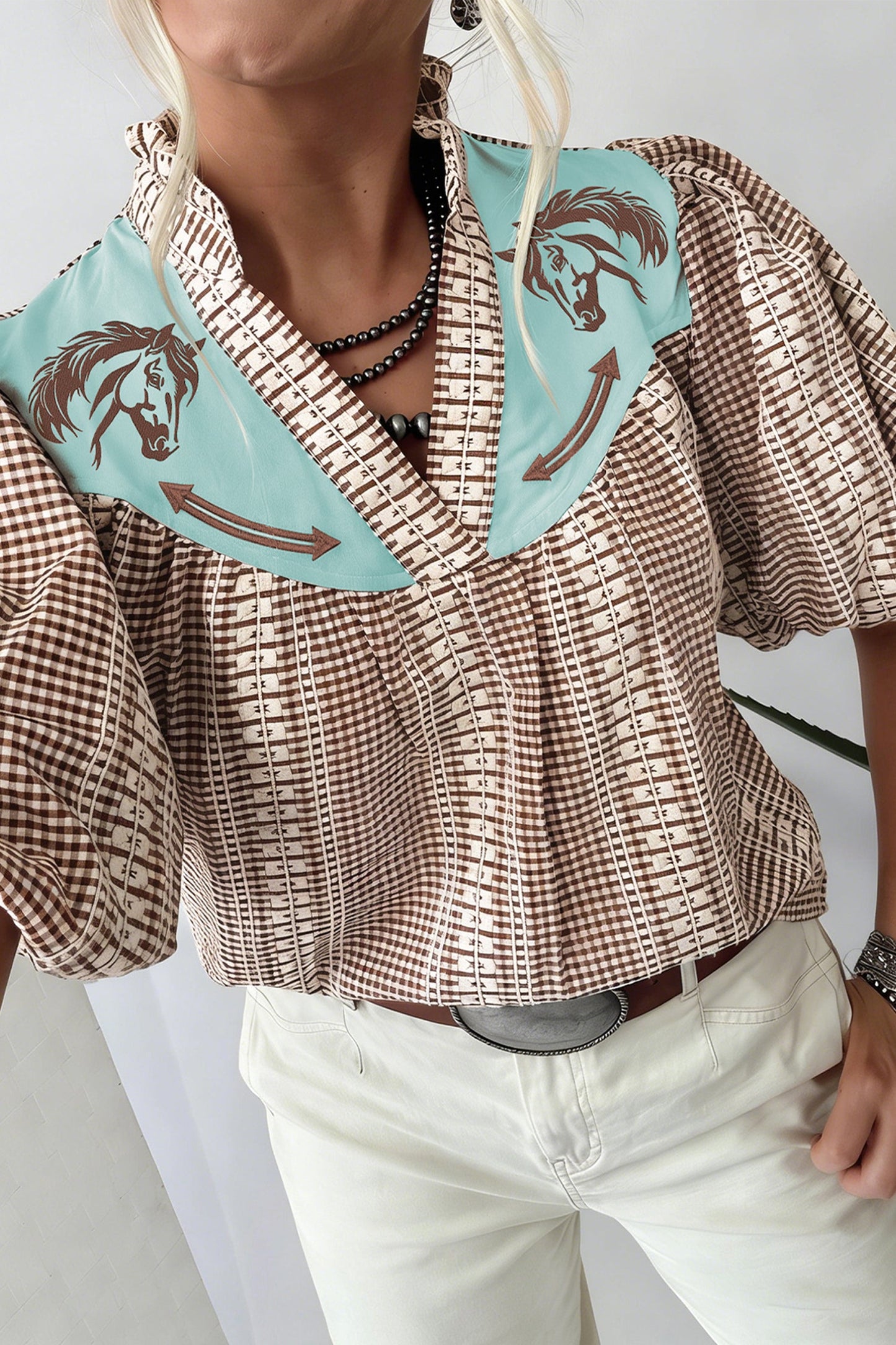 Western Pony Embroidered Gingham Puff Sleeve Blouse