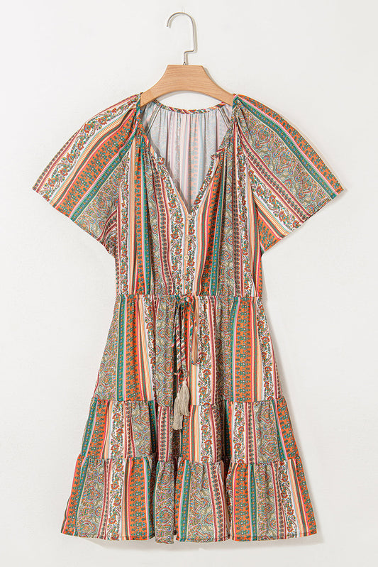 Floral Boho Buttoned V-Neck Ruffle Tiered Dress