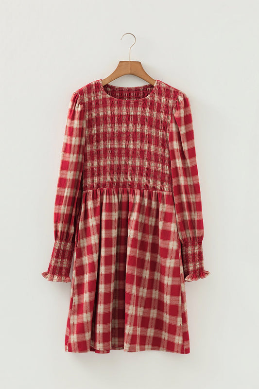 Gingham Plaid Smocked Puff Sleeve Mini Dress