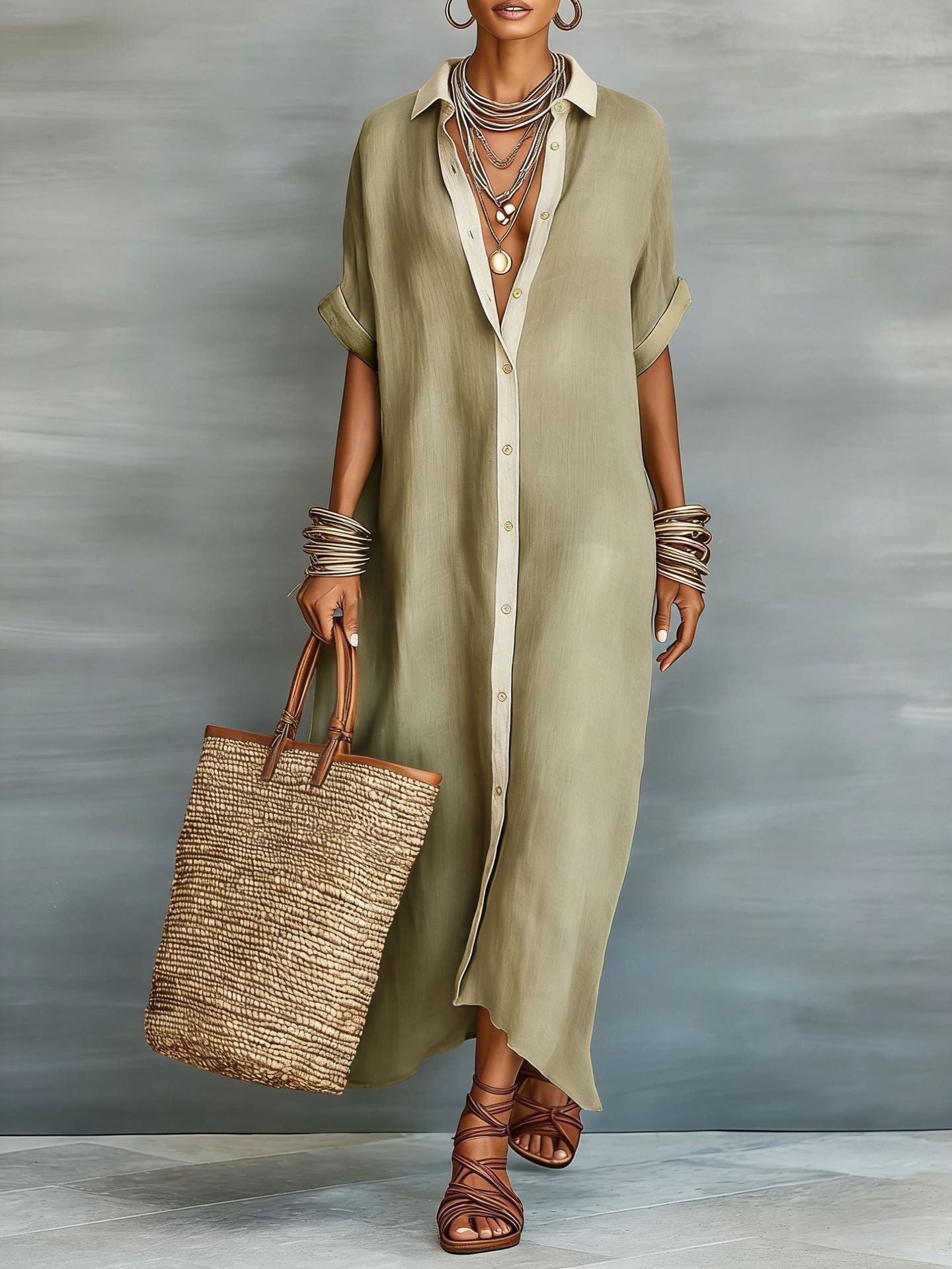 Color-Block Shirt Maxi Dress – Women's Loose Button-Front Long Dress with Contrast Collar
