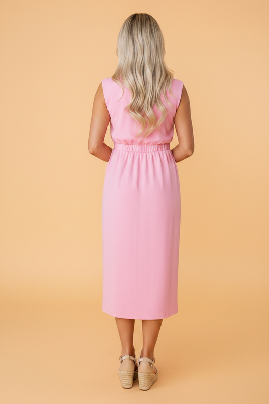 Solid Zip Up V-Neck Sleeveles Midi Dress