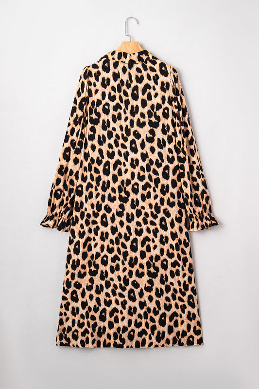 Leopard Smocked V-Neck Flowy Midi Dress