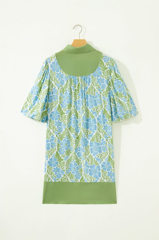Floral Colorblock Patchwork Collar Mini Dress