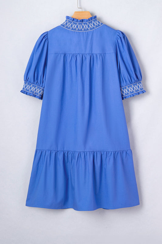 Embroidered Smocked V-Neck Puff Sleeve Mini Dress