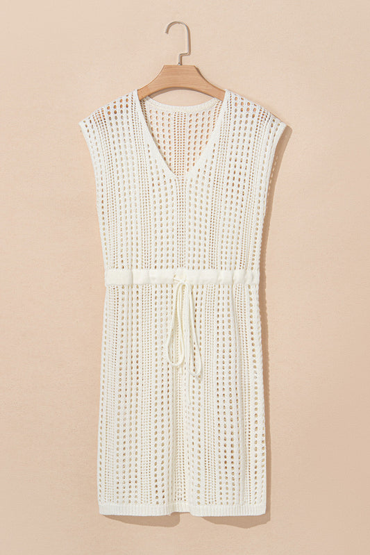 Crochet Open Knit Drawstring Waist Beach Dress