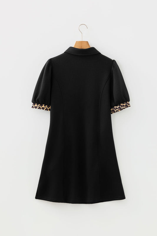 Leopard Patchwork Zip Collared Puff Sleeve Mini Dress