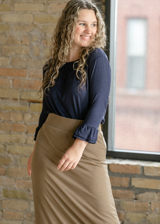 Essential Navy Ruffled 3/4 Sleeve Top - alternate view 1