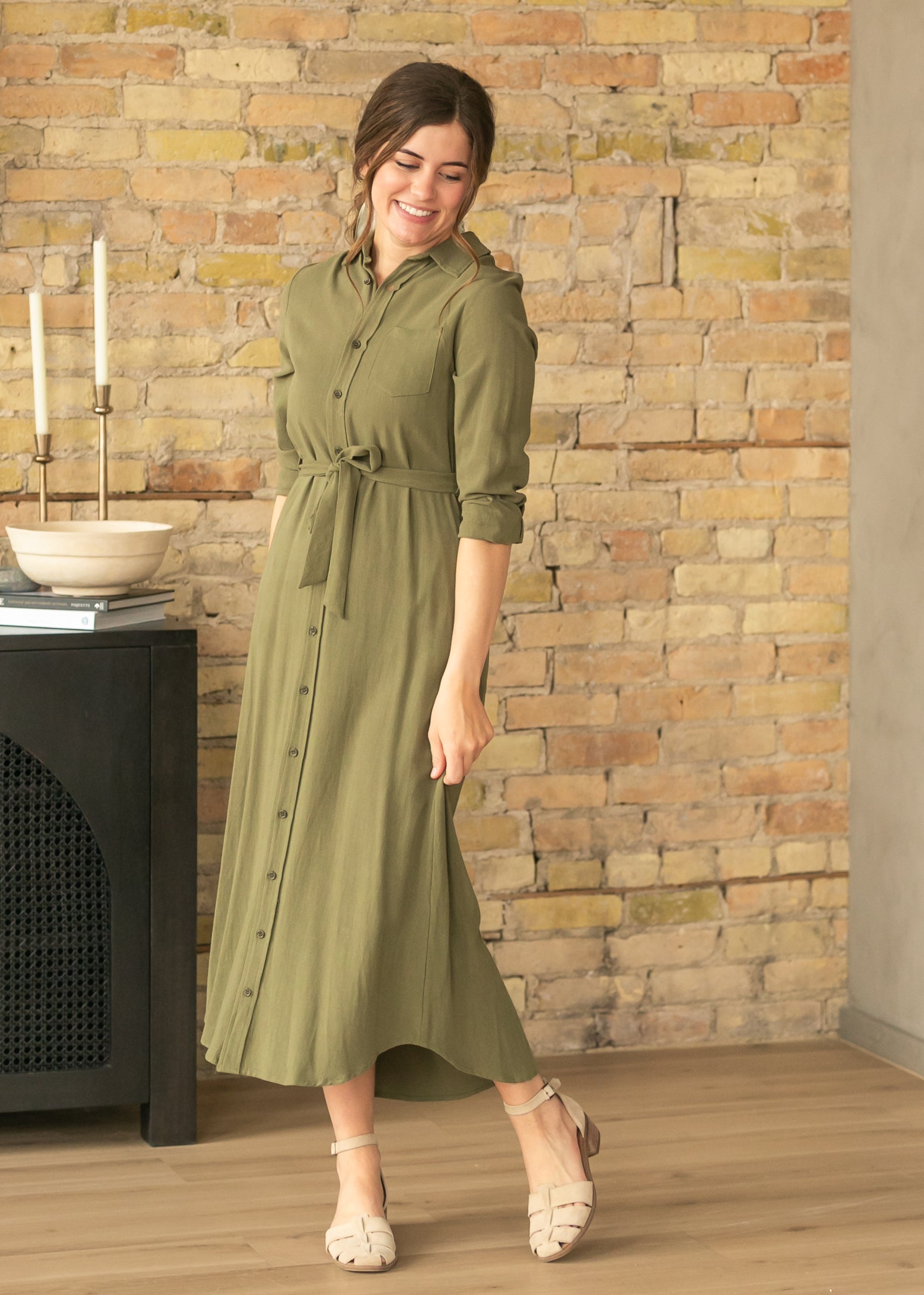 modern linen dresses Essential Olive Long Sleeve Shirt Dress refined look Aloruh Women's Baby Pink Color:Bloom stylish maxi dresses