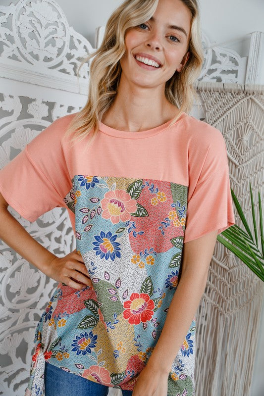 SOLID FLORAL MIXED BOXY TOP