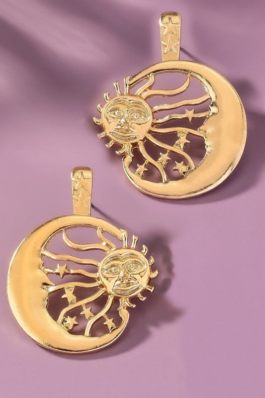 Sun Inside A Crescent Hoop Drop Earrings | Modern Boutique Fashion