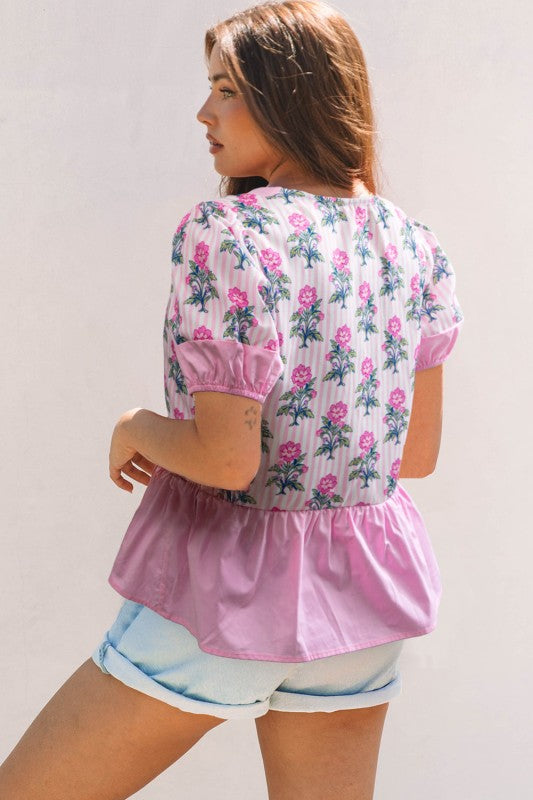 Theodora Patchwork Ruffle Hem Blouse trendy women's boutique clothing