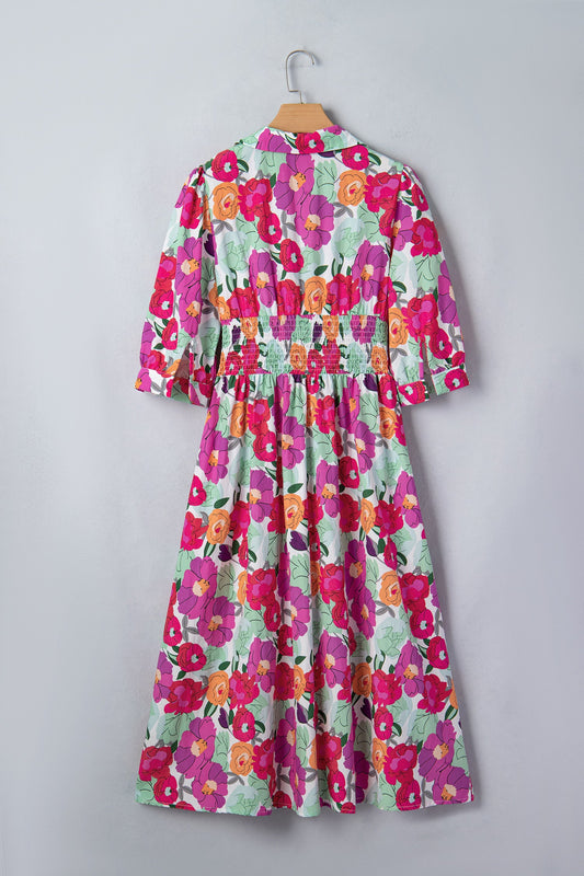 Floral Zip-Up V-Neck Short Puff Sleeve Dress