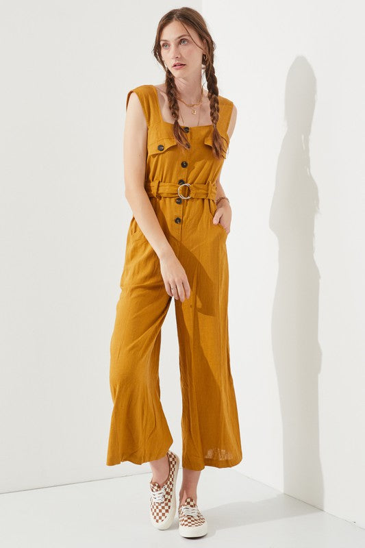 Sleeveless Square Neck Button Down Ankle Jumpsuit | Modern Boutique Fashion