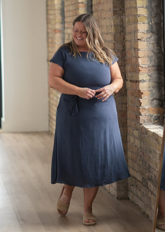 Lily Navy Gauze Belted Midi Dress