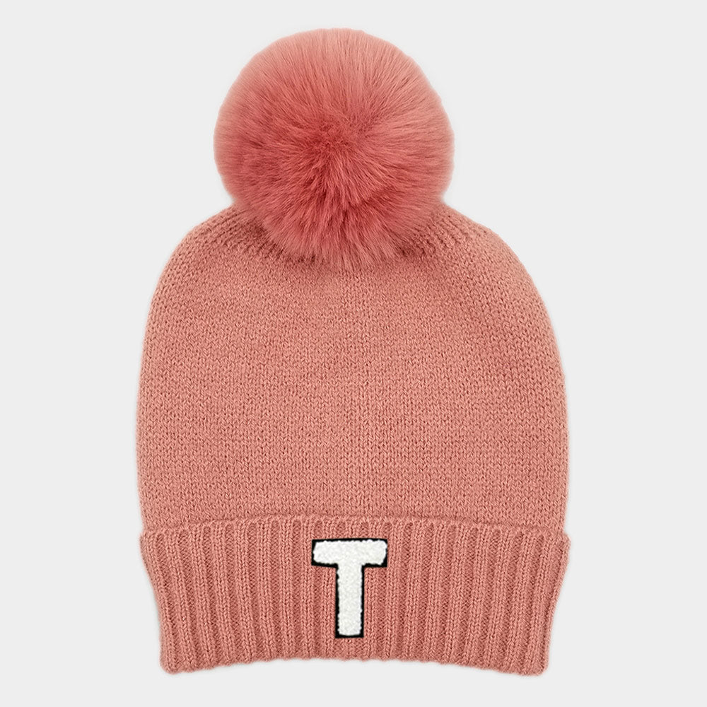 -T- Initial Monogram Faux Fur Pom Pom Knit Beanie Hat