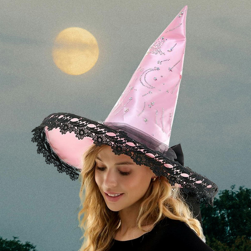 Whimsical Lace Trim Starry Rhinestone Studded Halloween Witch Hat