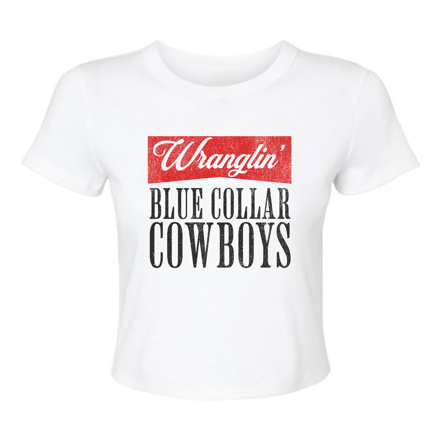 Wranglin’ Blue Collar Cowboys Crop Tee – Western Cowgirl Graphic Shirt