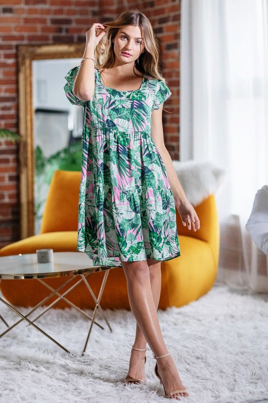 Plus Tropical Flutter Sleeve Tiered Midi Dress - ShopModernEmporium