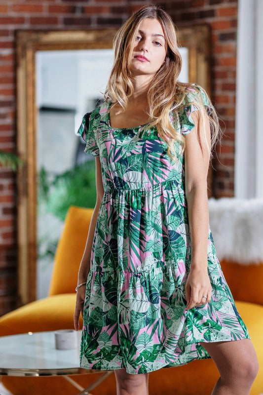 Plus Tropical Flutter Sleeve Tiered Midi Dress - ShopModernEmporium