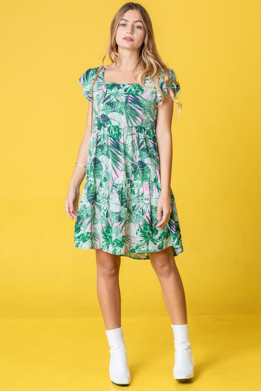 Plus Tropical Flutter Sleeve Tiered Midi Dress - ShopModernEmporium