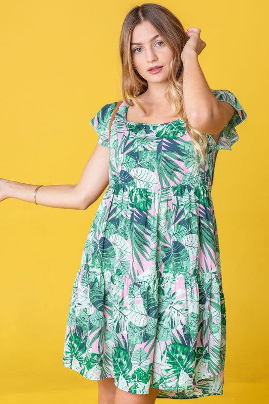 Plus Tropical Flutter Sleeve Tiered Midi Dress - ShopModernEmporium