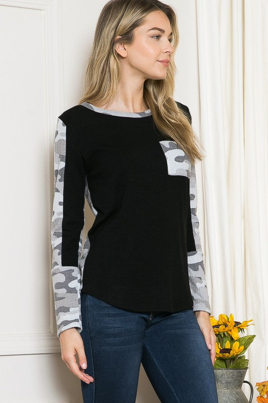 Textured Camo. Print Contrasted Sweater Knit Top - ShopModernEmporium