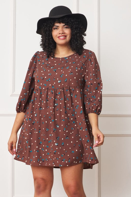 Plus Abstract Polka Dot Bishop Sleeve Mini Dress - ShopModernEmporium