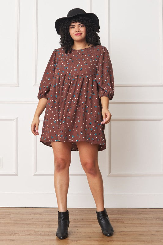 Plus Abstract Polka Dot Bishop Sleeve Mini Dress - ShopModernEmporium
