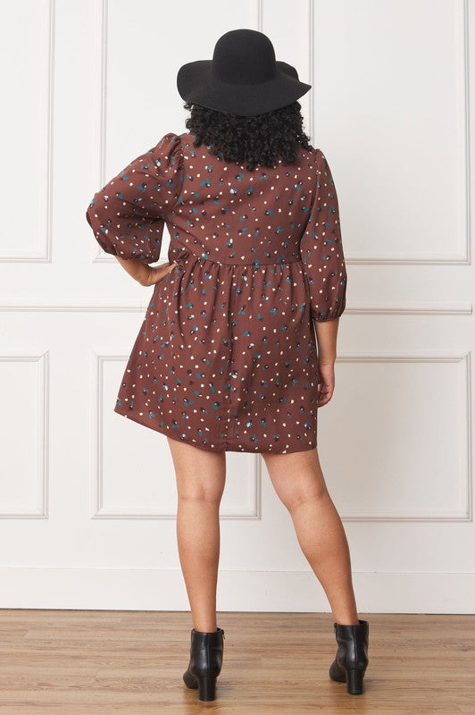 Plus Abstract Polka Dot Bishop Sleeve Mini Dress - ShopModernEmporium