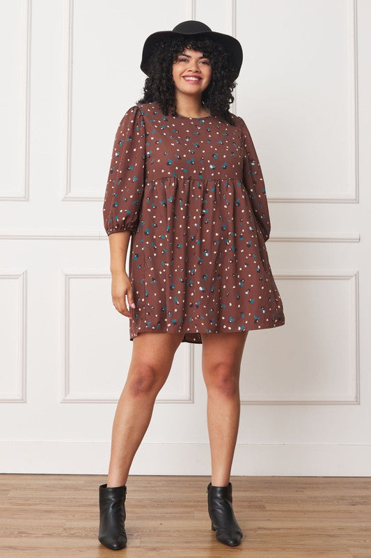 Plus Abstract Polka Dot Bishop Sleeve Mini Dress - ShopModernEmporium