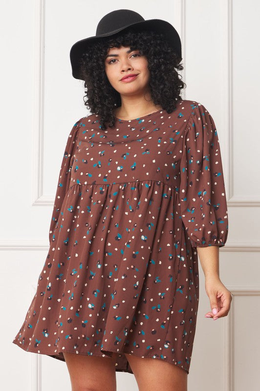 Plus Abstract Polka Dot Bishop Sleeve Mini Dress - ShopModernEmporium