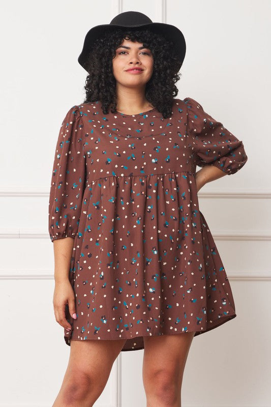 Plus Abstract Polka Dot Bishop Sleeve Mini Dress - ShopModernEmporium