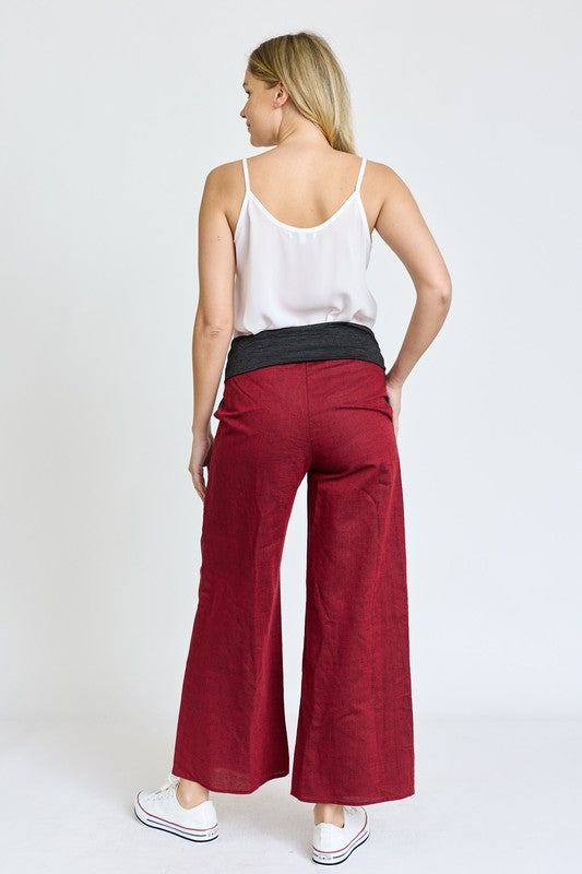 Cotton Linen Wide Leg Pants Fold Over With Pockets - ShopModernEmporium