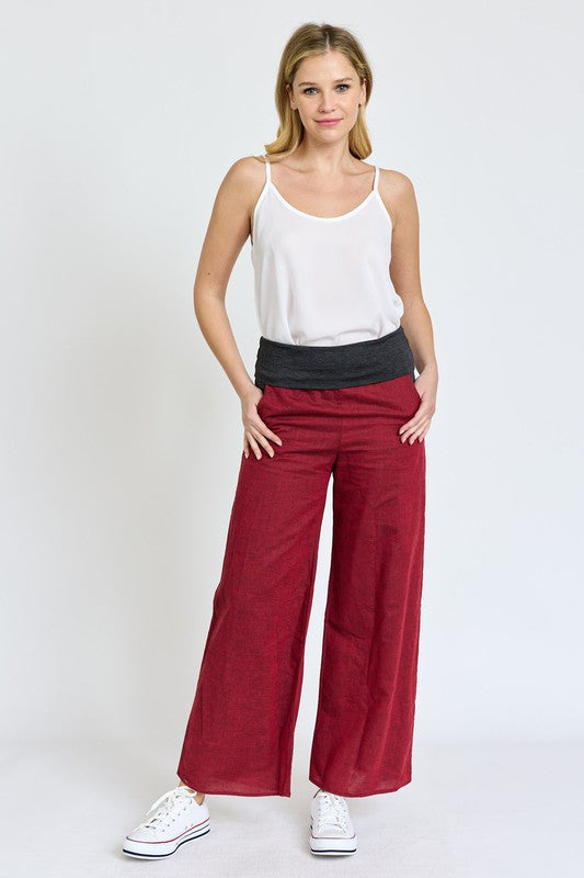 Cotton Linen Wide Leg Pants Fold Over With Pockets - ShopModernEmporium