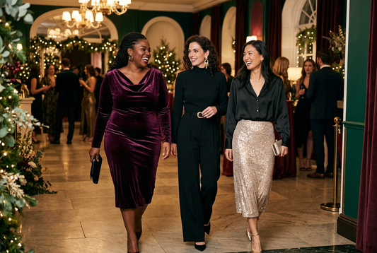 Three women in festive evening outfits arriving at a holiday gathering.