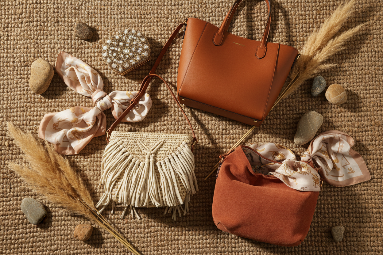 remium purses and bags collection featuring crossbody bags, totes, clutches, and handbags with boho-glam styling