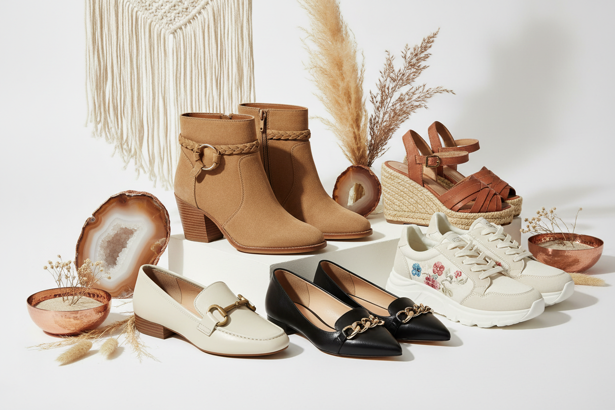 Women's shoes collection featuring boots, sneakers, sandals, and heels for every occasion