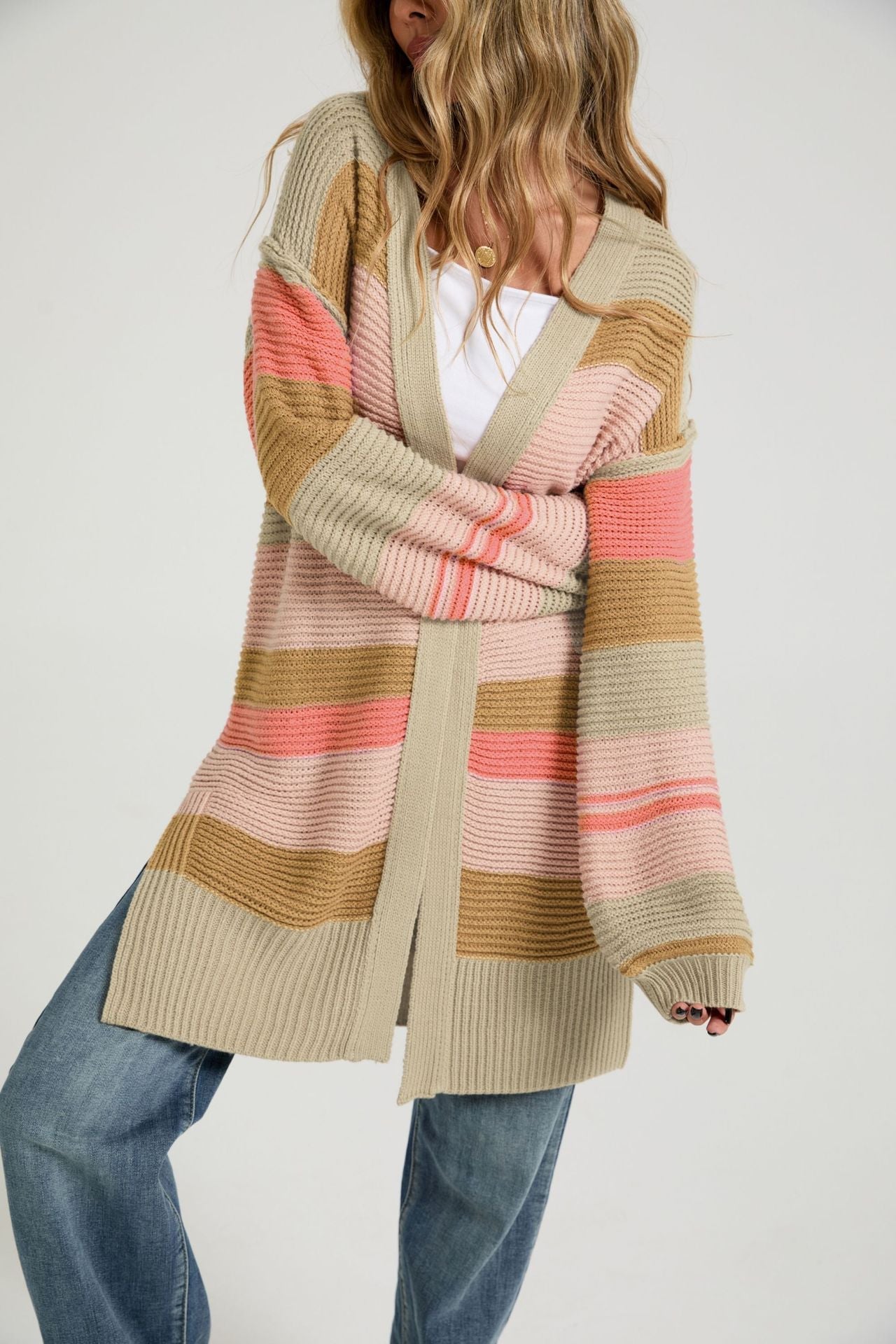 Women's Color-Block Striped Knit Cardigan Coat