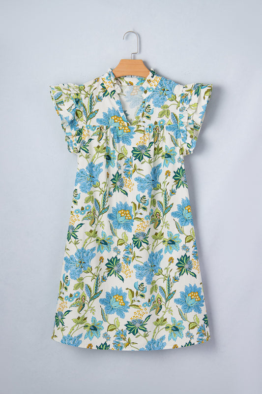Floral Ruffle Short Sleeve V-Neck Mini Dress