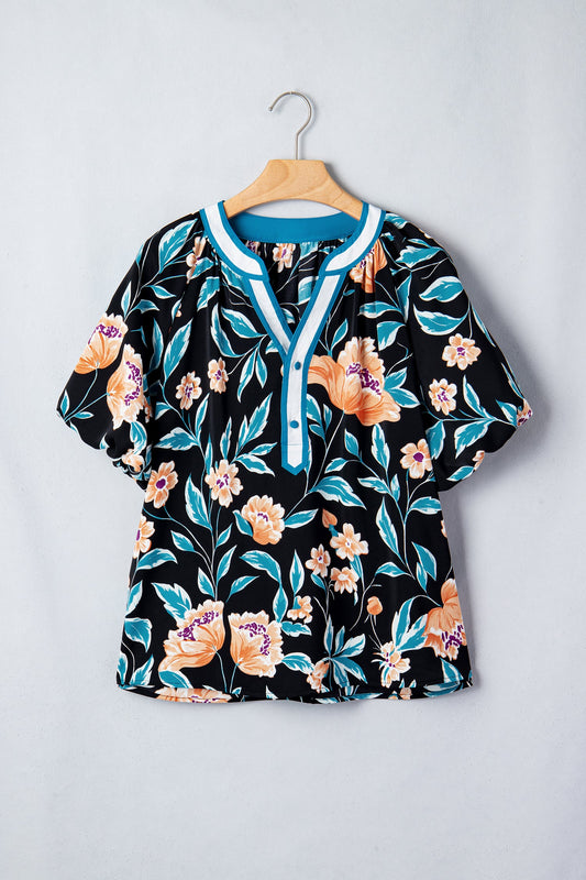 Floral Bubble Sleeve Buttoned Notch Neck Blouse