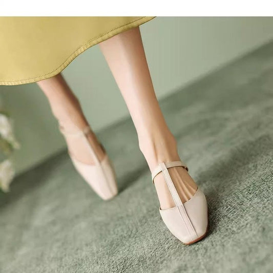 Women's French Vintage Square Toe Block Heel Mule Sandals – T-Strap