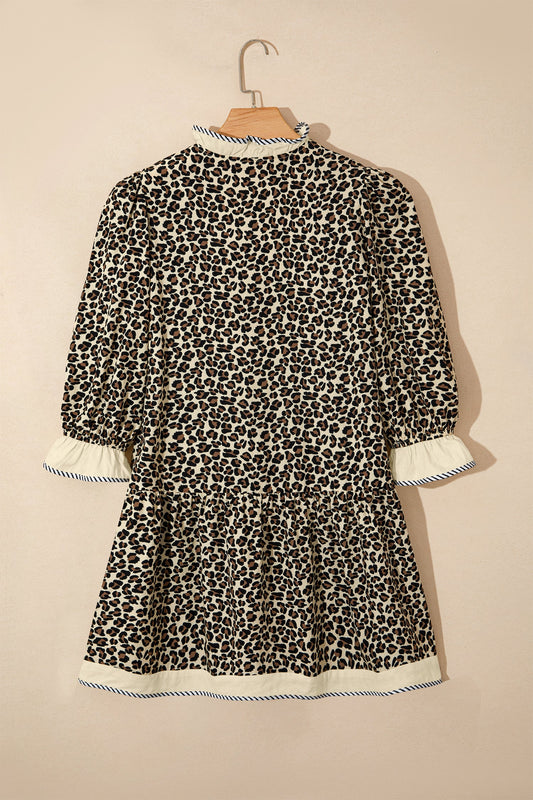 Leopard Stripe Colorblock Trim V-Neck Mini Dress