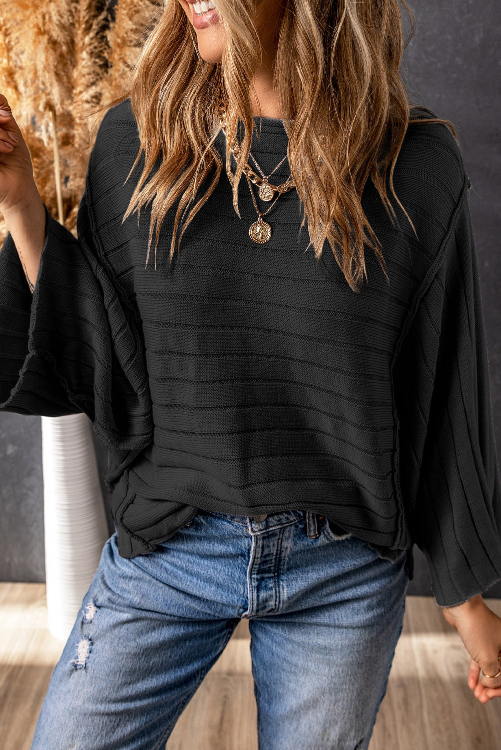 Ribbed Knit Reverse Seam 3/4 Sleeve Sweater