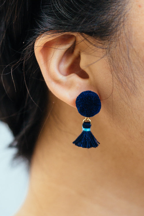 Pom Tassel Earrings | Navy