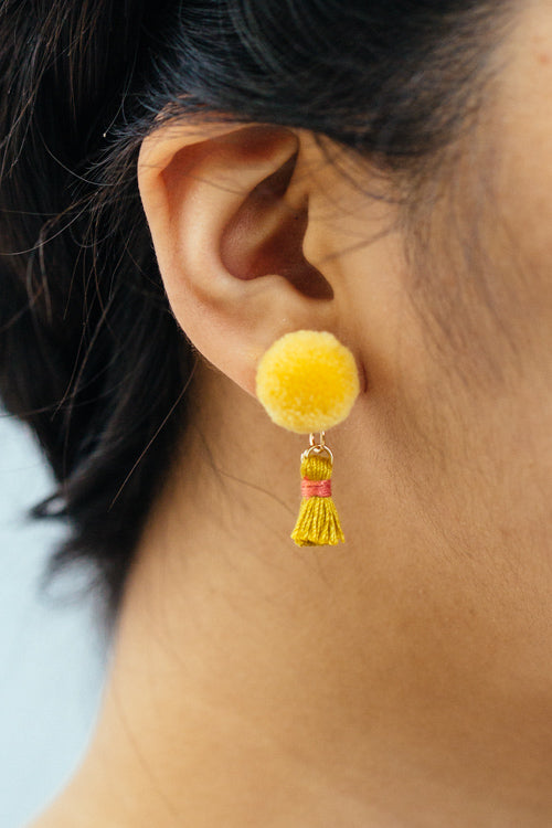 Pom and Tassel Earrings | Yellow