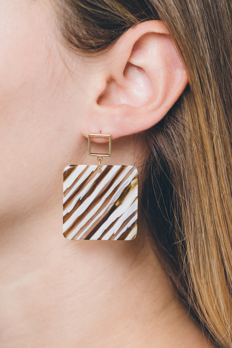 Safari Square Drop Earrings | White Stripe
