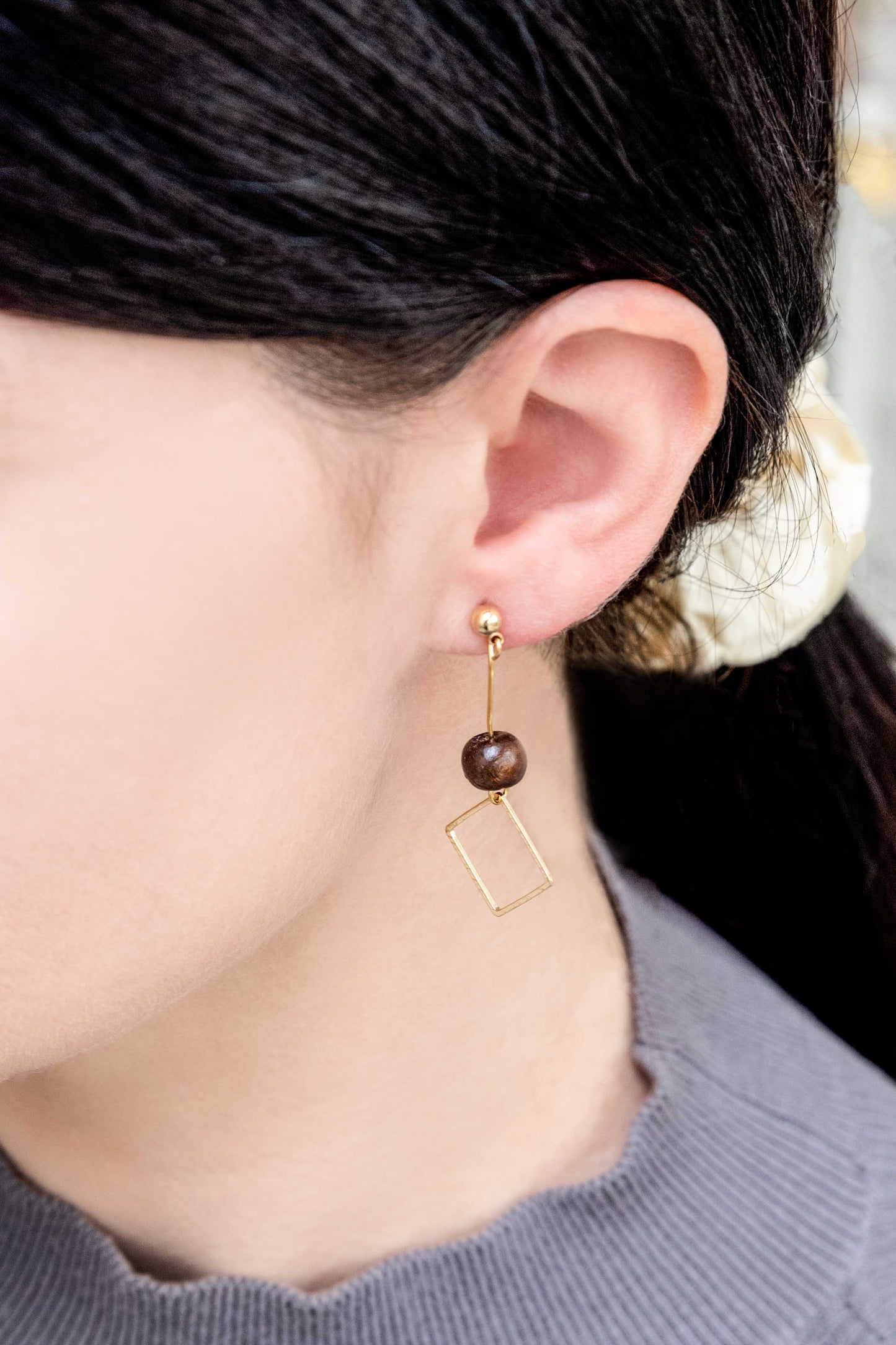 Geo Wood Drop Earrings | Diamond