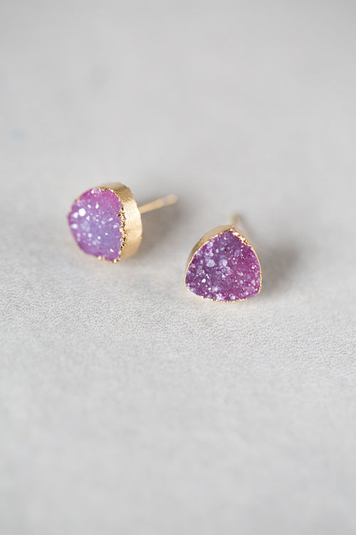 Flat Triangle Magenta Druzy Earrings