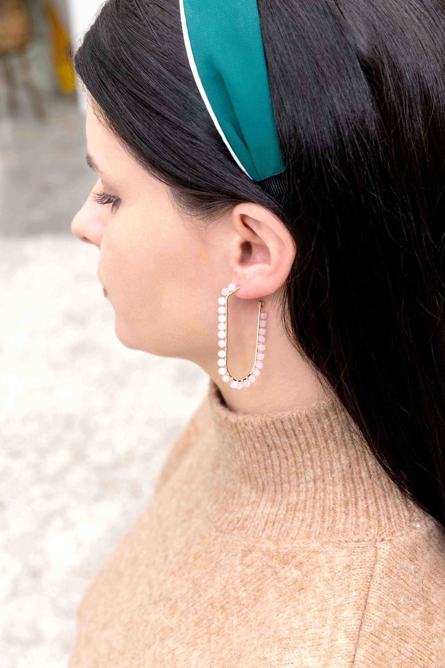 Beaded Racetrack Hoop Earrings | Powder Pink