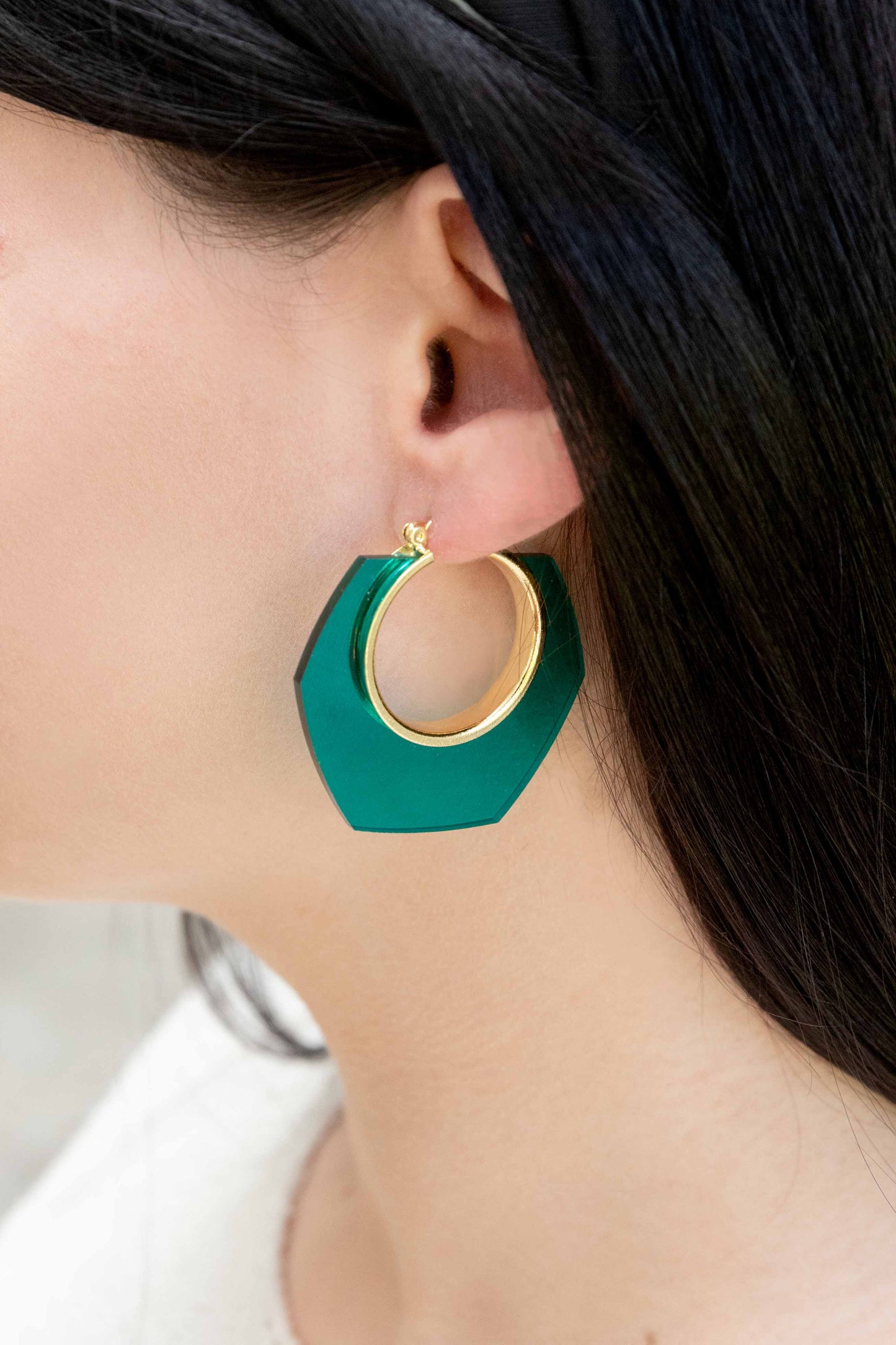 Angled Clear Hoop Earrings I Hunter Green